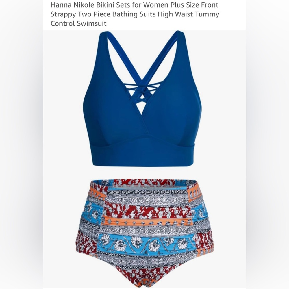 Hanna Nikole Blue Strappy Bikini Set with Patterned High-Waist Bottoms
